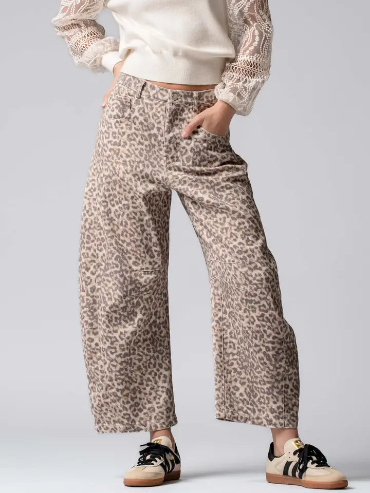 Leopard Print Stitch Detail Barrel Jeans