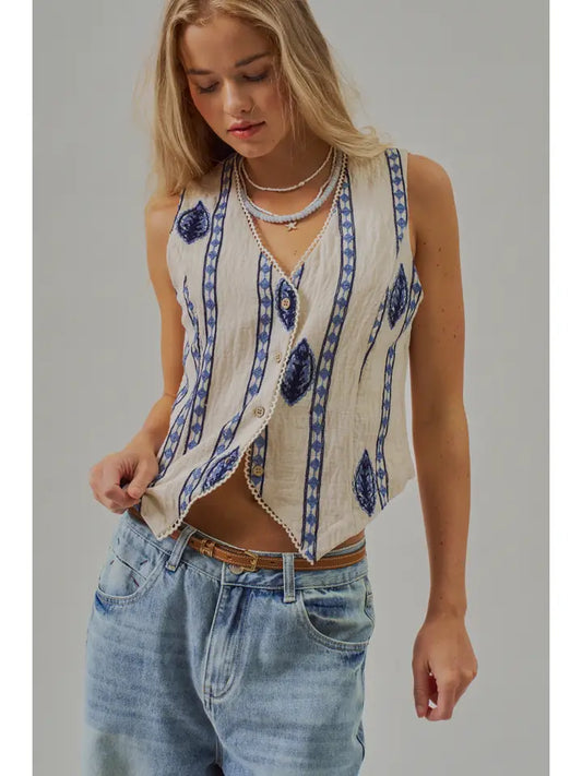 Embroidered Linen Blend Button Front Vest