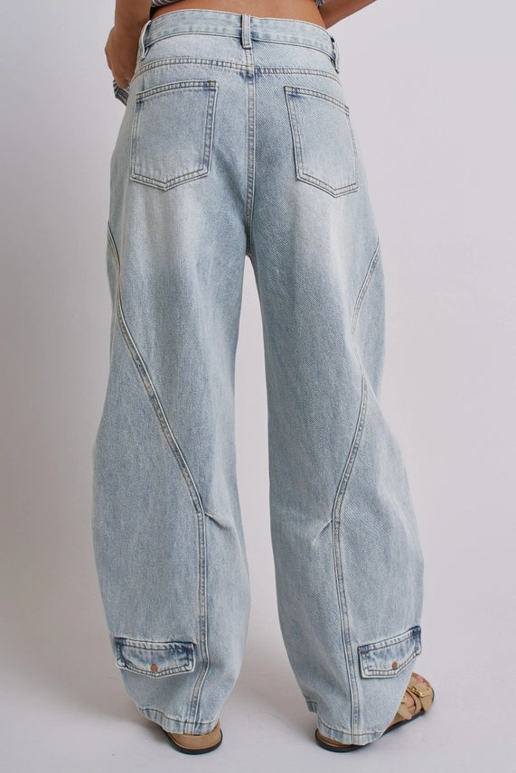 Vintage Wash Barrel Leg Utility Tab Jeans