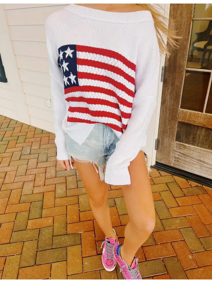 Round Neck American Flag Pullover Sweater