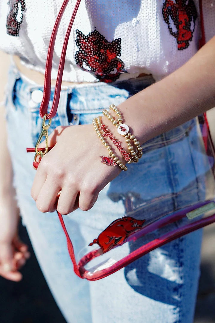 Arkansas Razorbacks Ball Bead Stretch Bracelet in Satin Gold