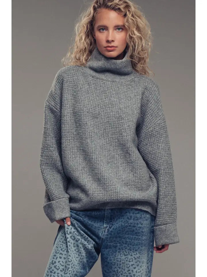 Relaxed Waffle Knit High Neck Sweater