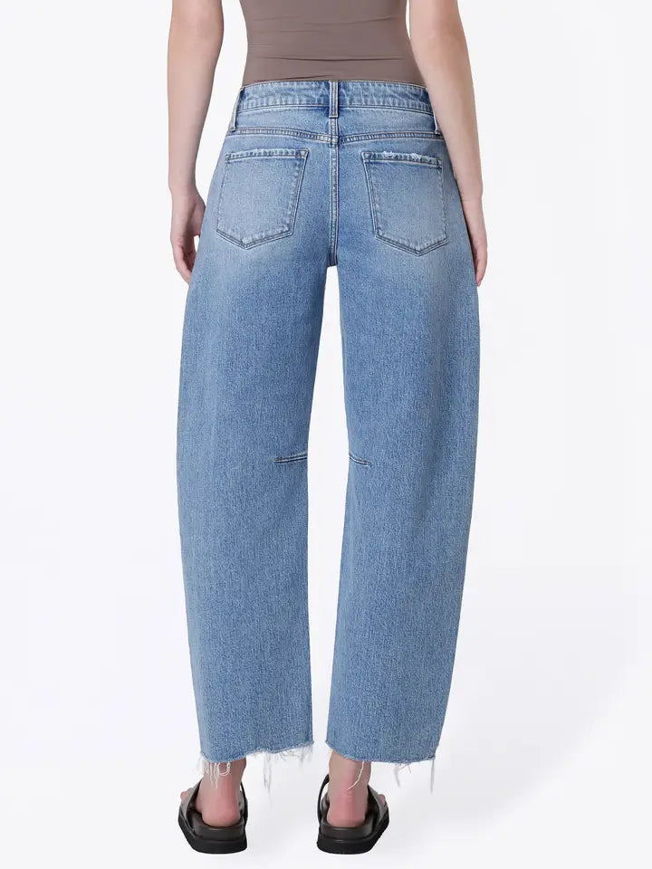 High Rise Raw Hem Seam Detail Barrel Jeans