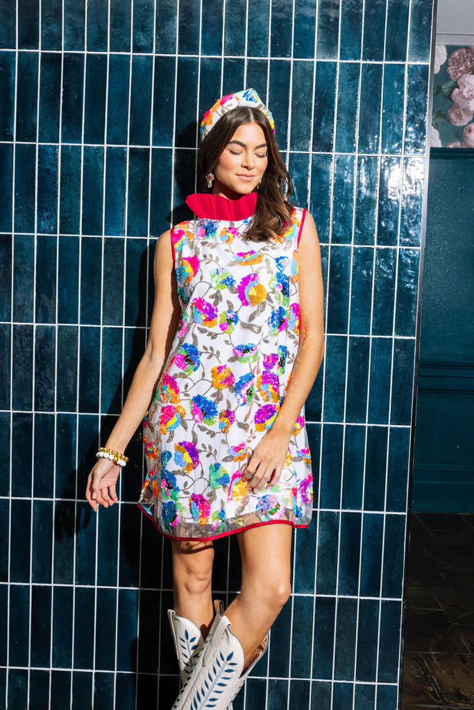 AUDREY A-LINE DRESS - BRIGHT SEQUINS WITH HOT PINK RUFFLE