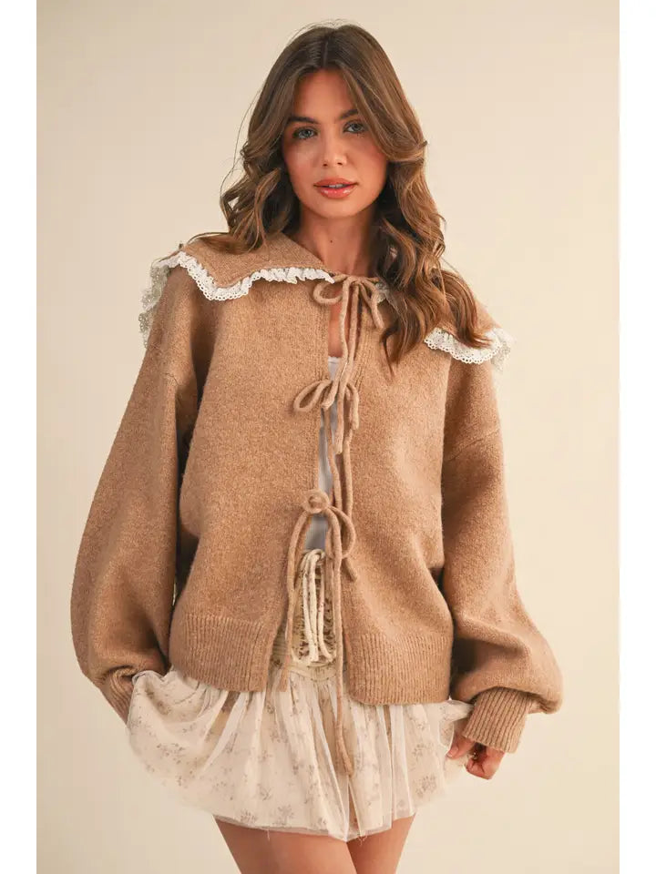 Oversized Lace Trim Collar Front Bows Cardigan