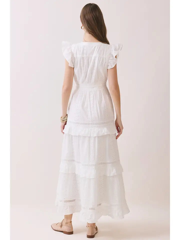 Eyelet Lace Ruffle Sleeves Tiered Maxi Dress