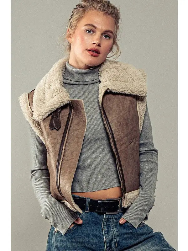 Sherpa Lined Cropped Biker Western Statement Vest