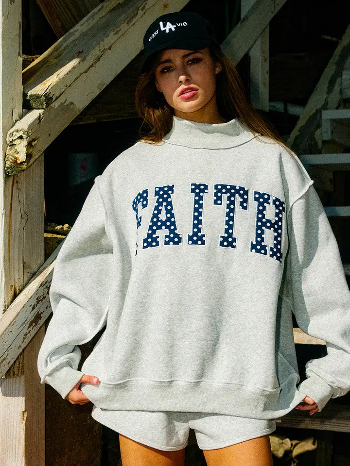 FAITH | Embroidered Polka-Dot Mock Neck Sweatshirt