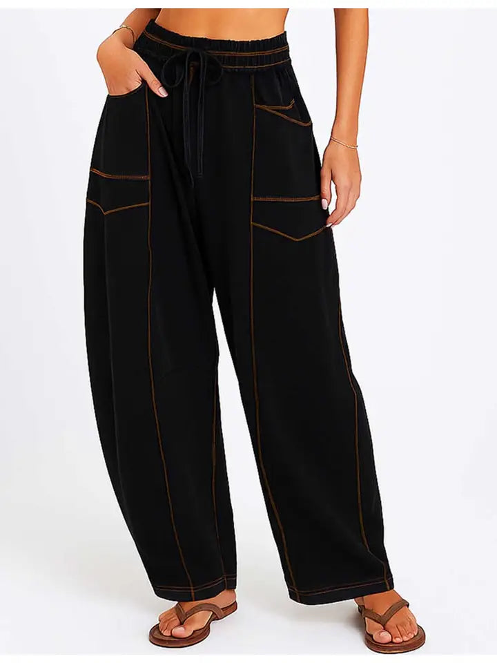 Contrast Stitching Elastic Waist Drawstring Barrel Pants