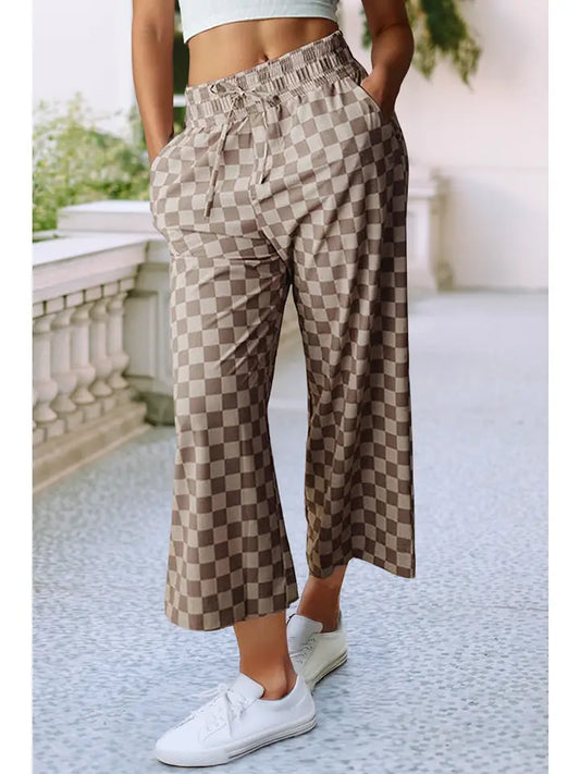 Elastic Waist Checkered Loose Pants