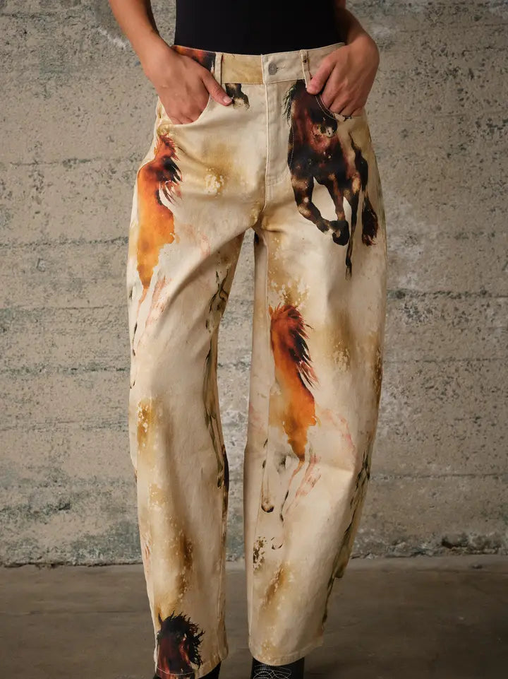 Western Horse Print Twill Barrel Pants