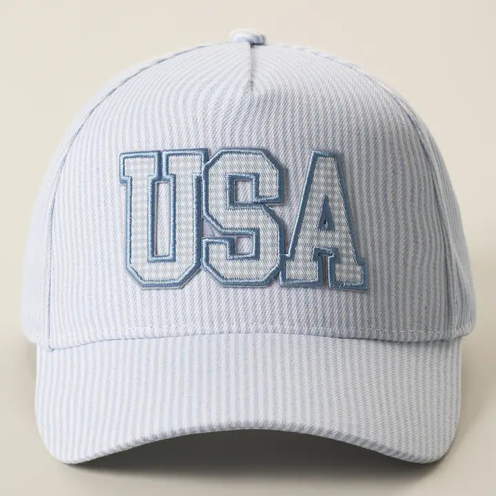 USA Embroidered Patch Gingham Stripe Trucker Hat