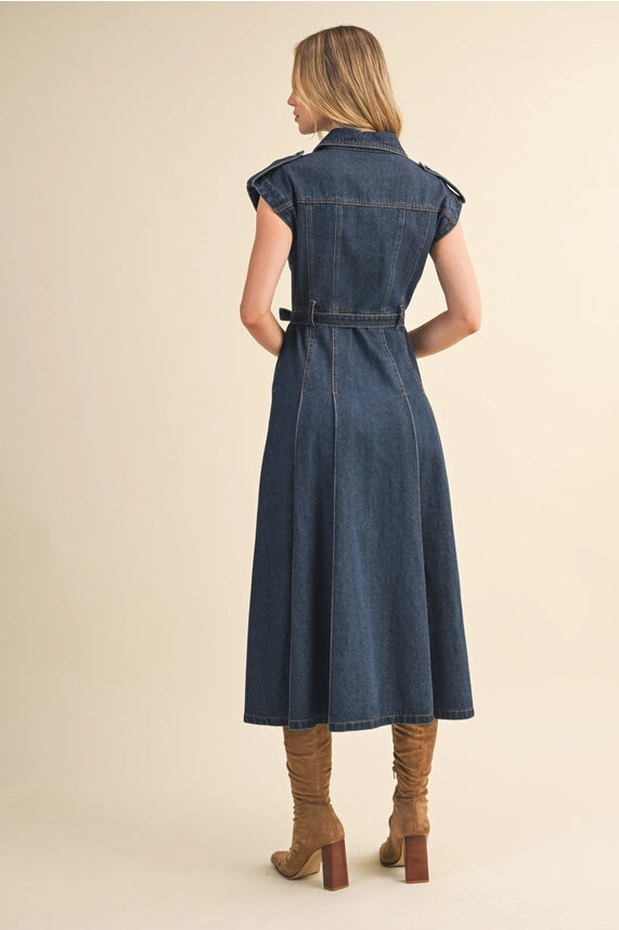 Belted Denim Short Sleeve Button Down Midi Dress