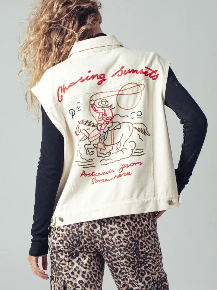 Western Sunset Embroidered Denim Vest