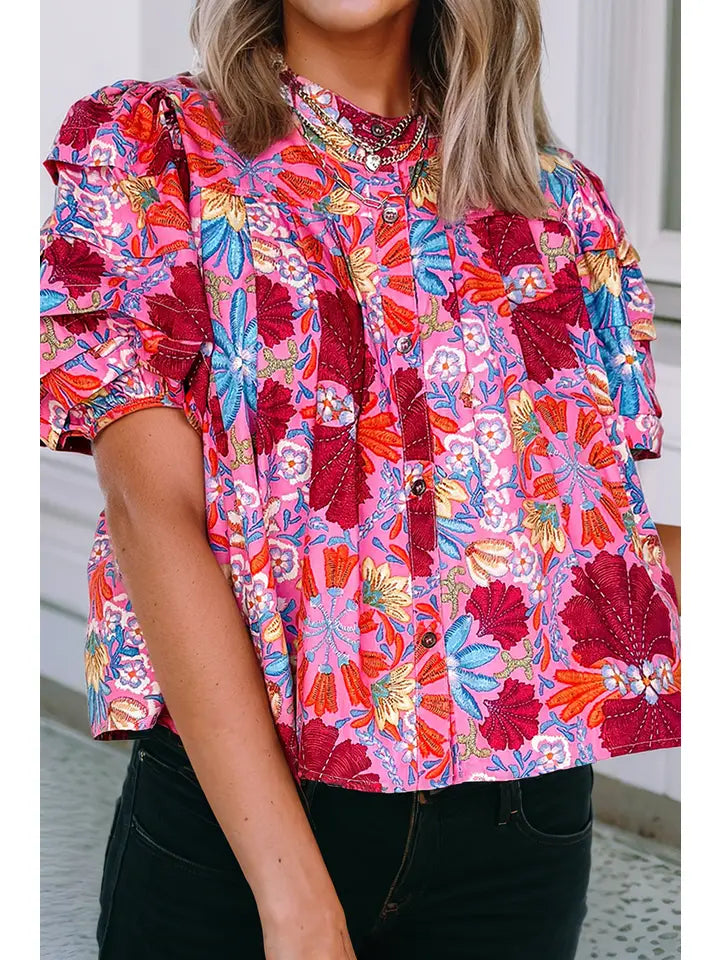 Floral Print Bubble Sleeve Button Up Pleated Shirt