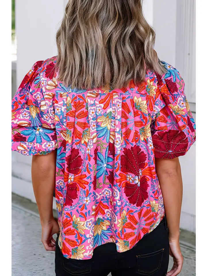 Floral Print Bubble Sleeve Button Up Pleated Shirt – Backroad