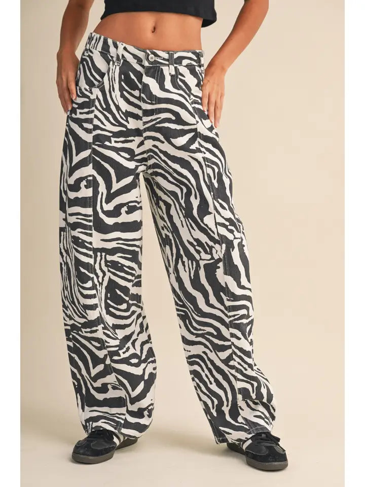 Zebra Print Denim Wide Barrel Pants