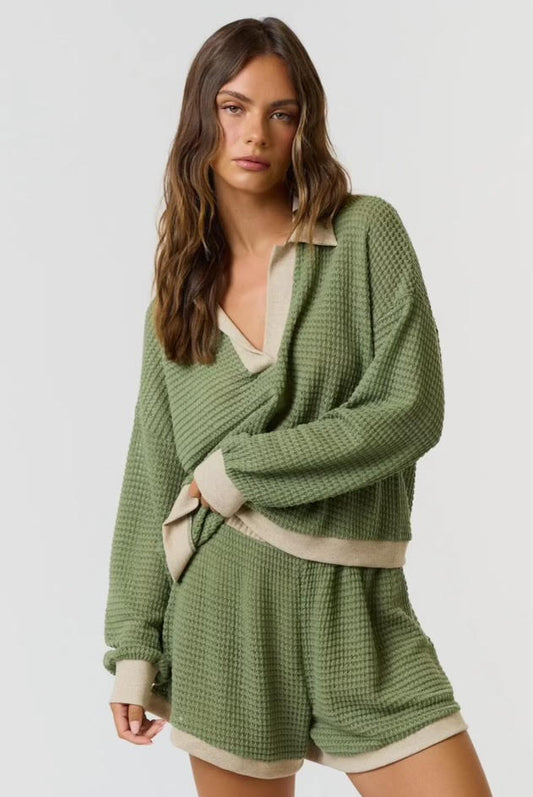 Waffle Knit Color Block Polo Top