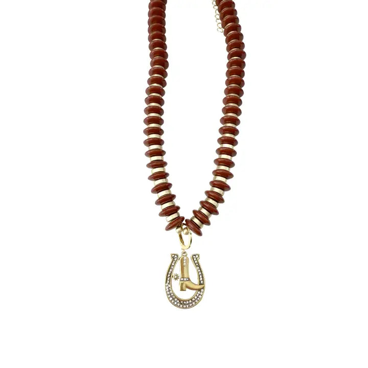 Leni Brown Beaded Necklace with Horseshoe and Boot Charm