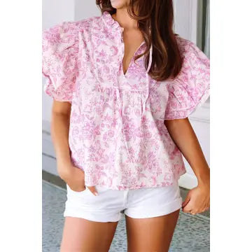 Pink Floral Ruffle Sleeve Top