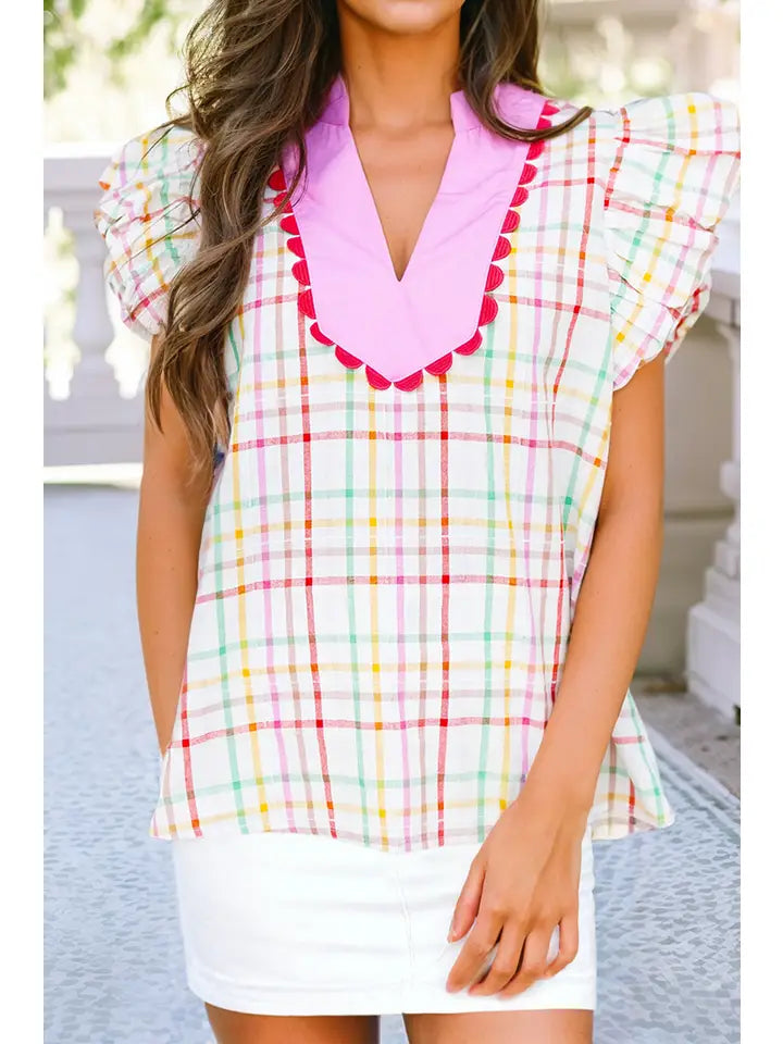 Plaid Flutter Sleeve Colorblock Ric Rac Split Blouse