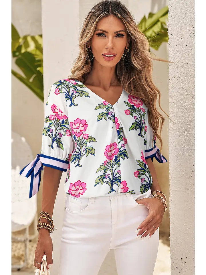 Floral Colorblock Stripe Knot Bubble Sleeve Blouse