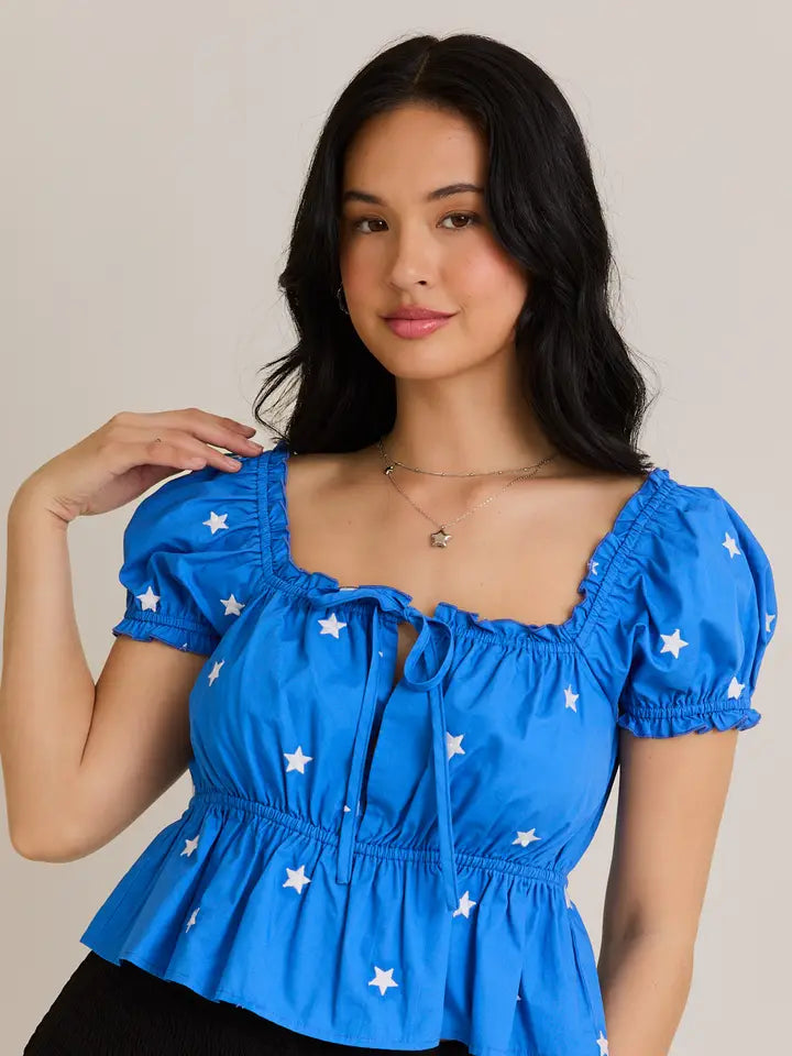 Square Neck Baby Doll Crop Top with Star Embroidery