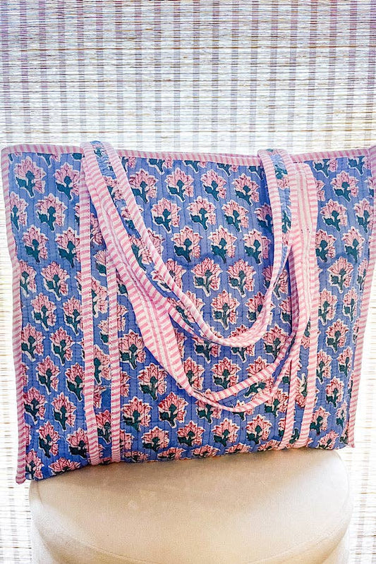 Sybil Blue and Pink Floral Tote Bag