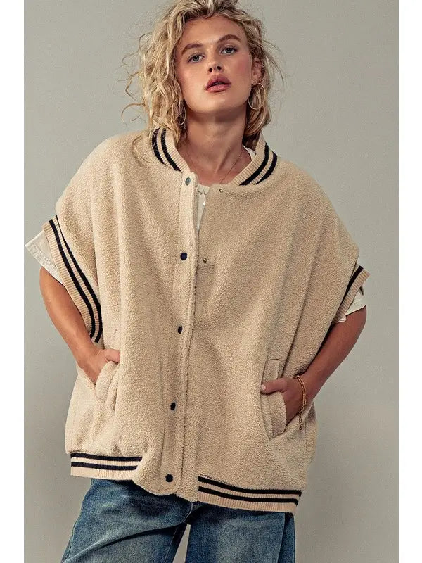 Oversized Sherpa Textured Varsity Button Front Vest