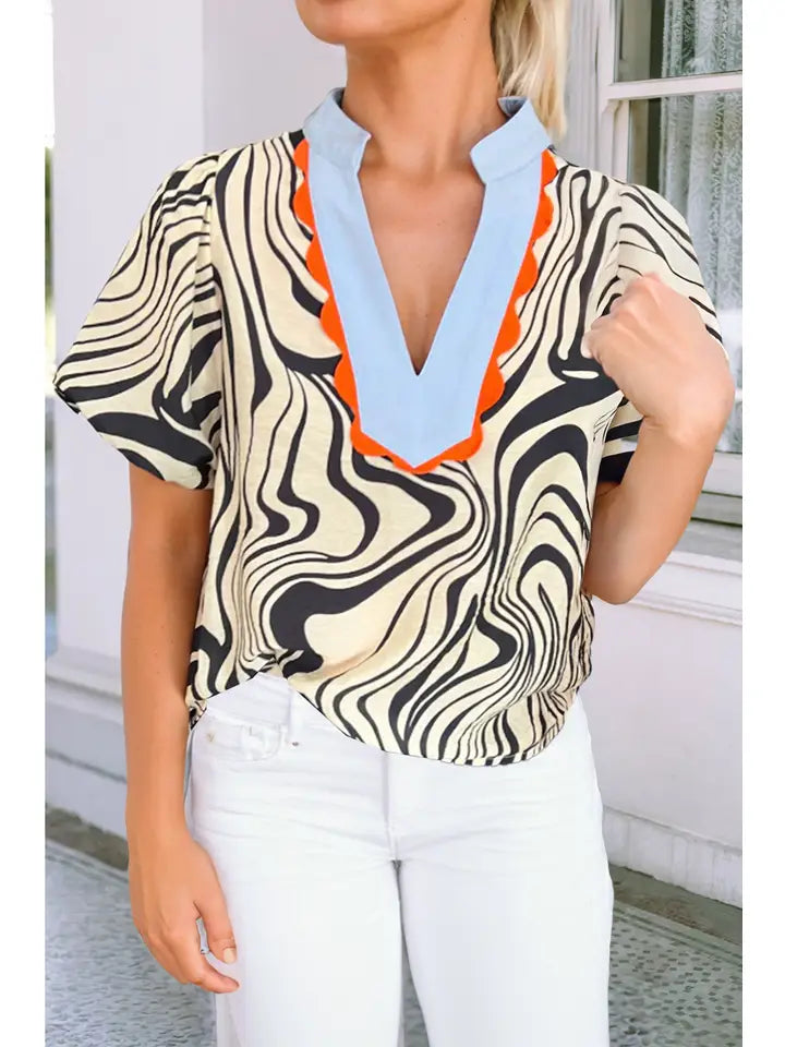 Zebra Stripe Print Contrast V-Neck Ricrac Blouse