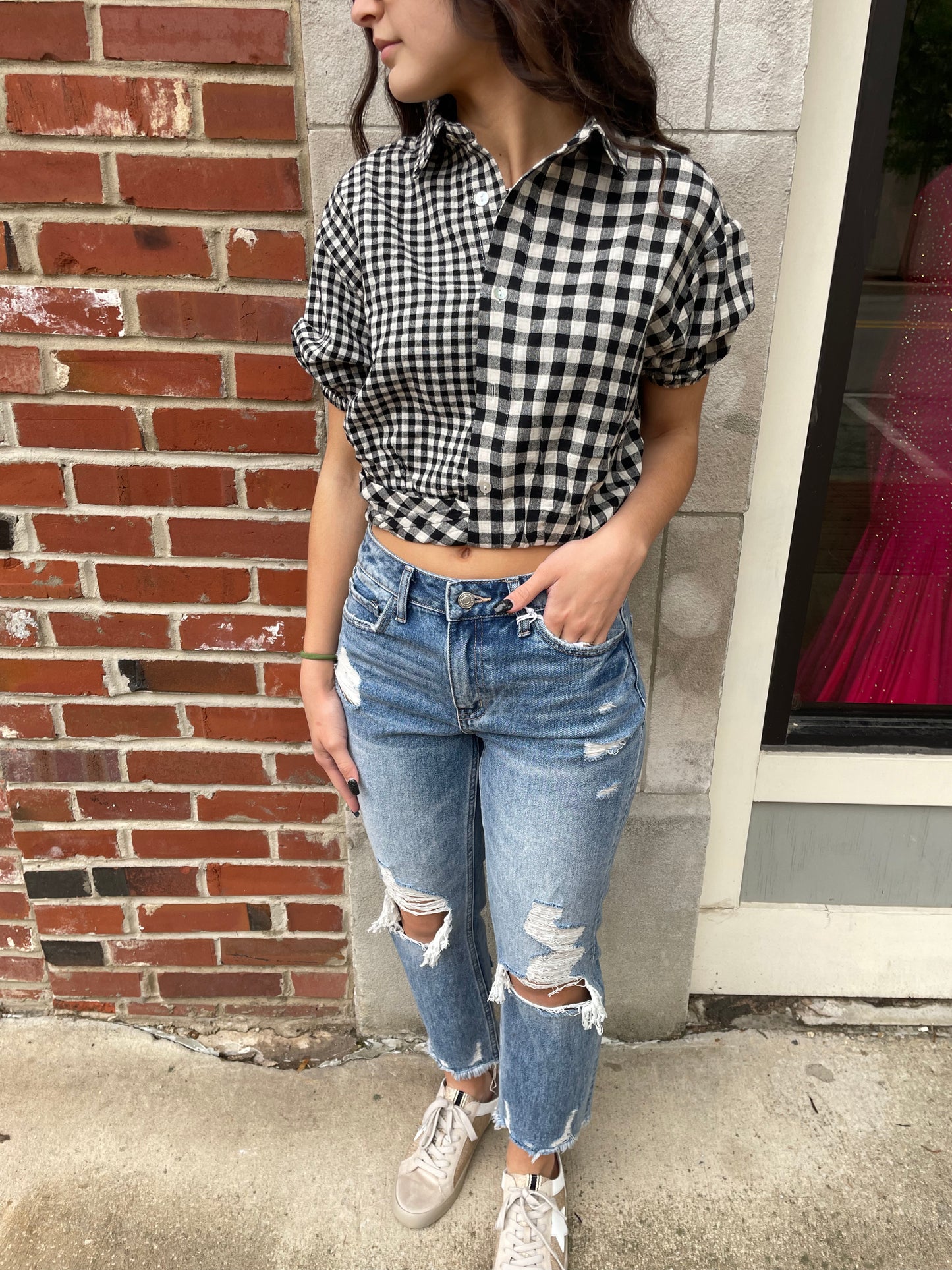 Gingham crop button up top