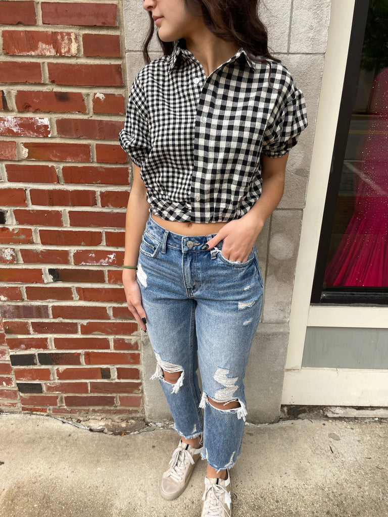 Gingham crop button up top
