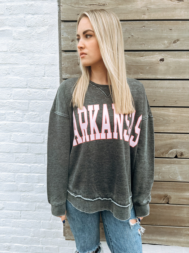 Grey Arkansas Sweatshirt with Pink Lettering
